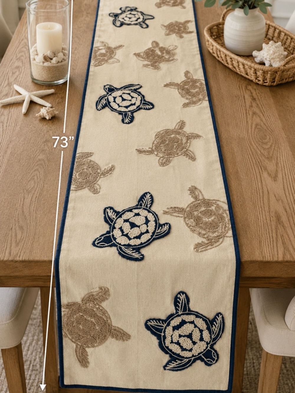 Sea Turtle Table Runner 73” Coastal Beach Nautical Embroidered Linen Look
